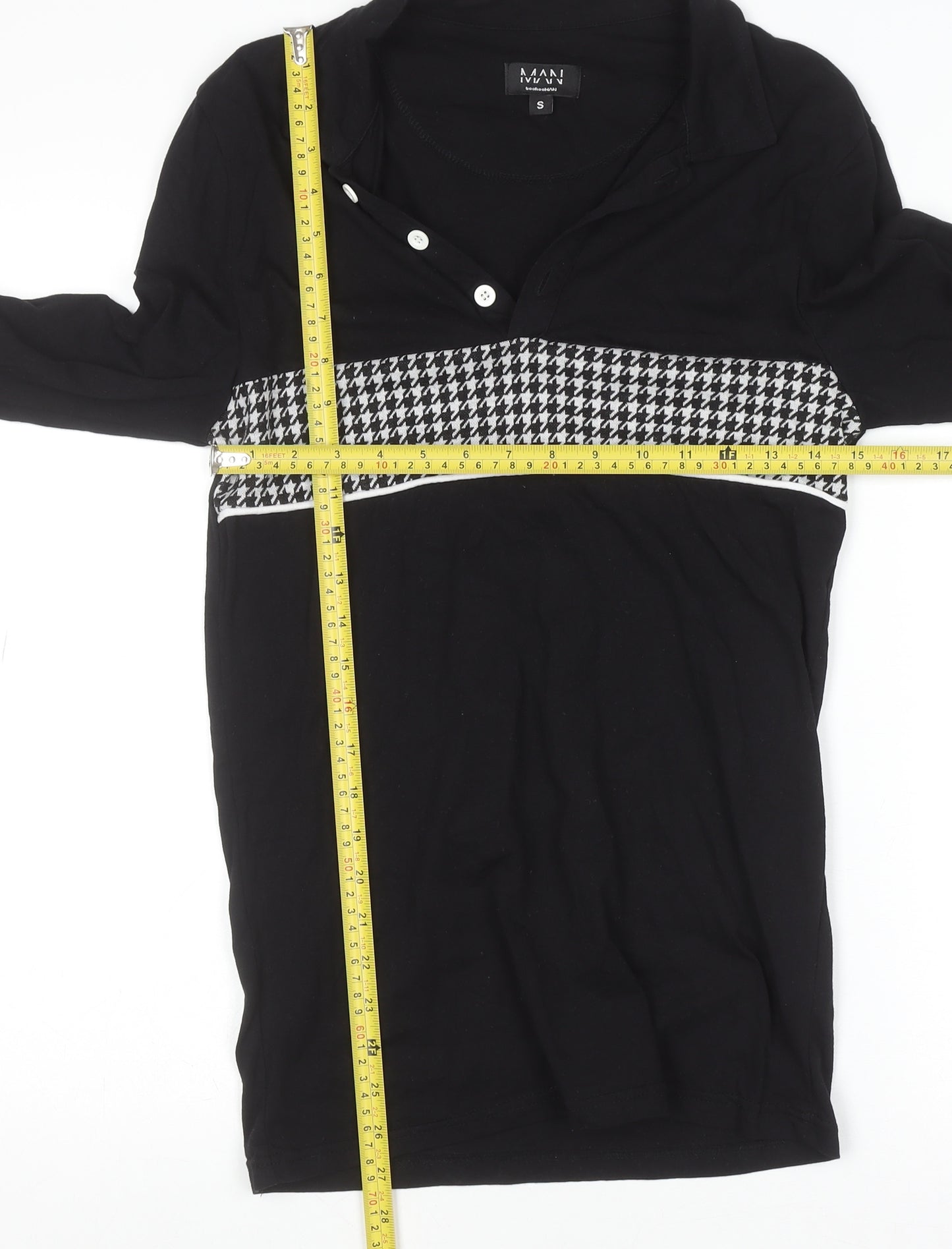 boohooMAN Men's Black Geometric Long Sleeve Cotton Button-Up Shirt S