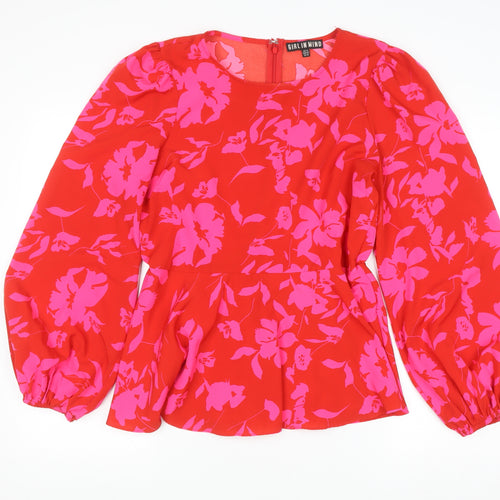 Girl In Mind Womens Red Floral Long Sleeve Tunic Blouse Size 14