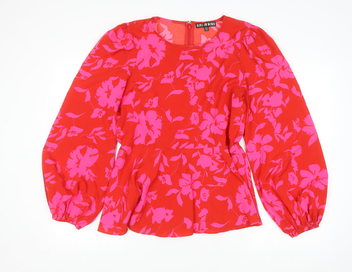 Girl In Mind Womens Red Floral Long Sleeve Tunic Blouse Size 14