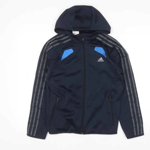 Adidas Boys Navy Blue Full Zip Hoodie 11-12 Years Polyester Climalite