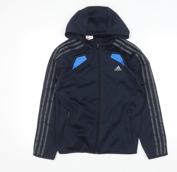 Adidas Boys Navy Blue Full Zip Hoodie 11-12 Years Polyester Climalite