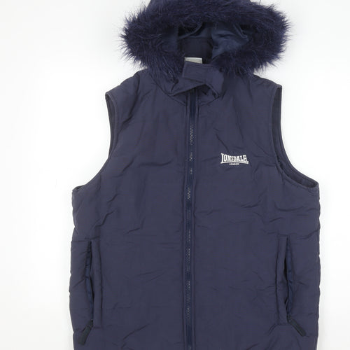 Lonsdale Men’s Blue Hooded Padded Waistcoat Size S Faux Fur Trim