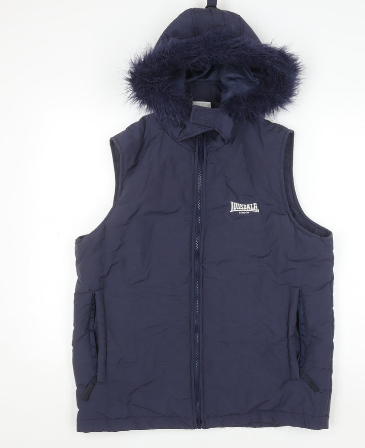 Lonsdale Men’s Blue Hooded Padded Waistcoat Size S Faux Fur Trim