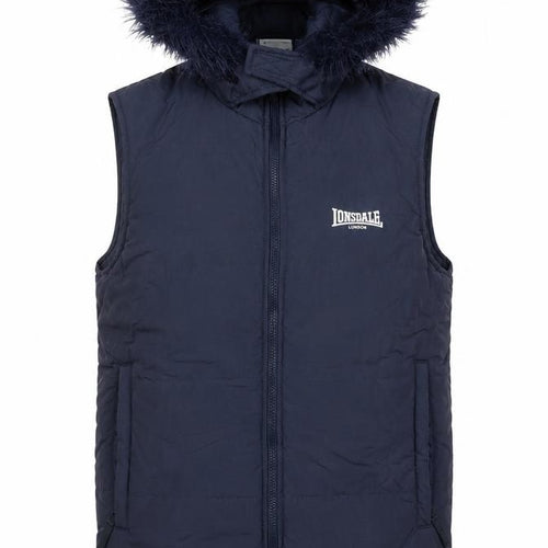 Lonsdale Men’s Blue Hooded Padded Waistcoat Size S Faux Fur Trim