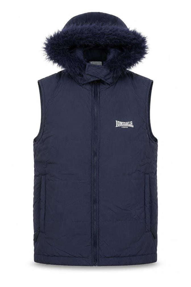 Lonsdale Men’s Blue Hooded Padded Waistcoat Size S Faux Fur Trim