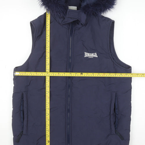 Lonsdale Men’s Blue Hooded Padded Waistcoat Size S Faux Fur Trim
