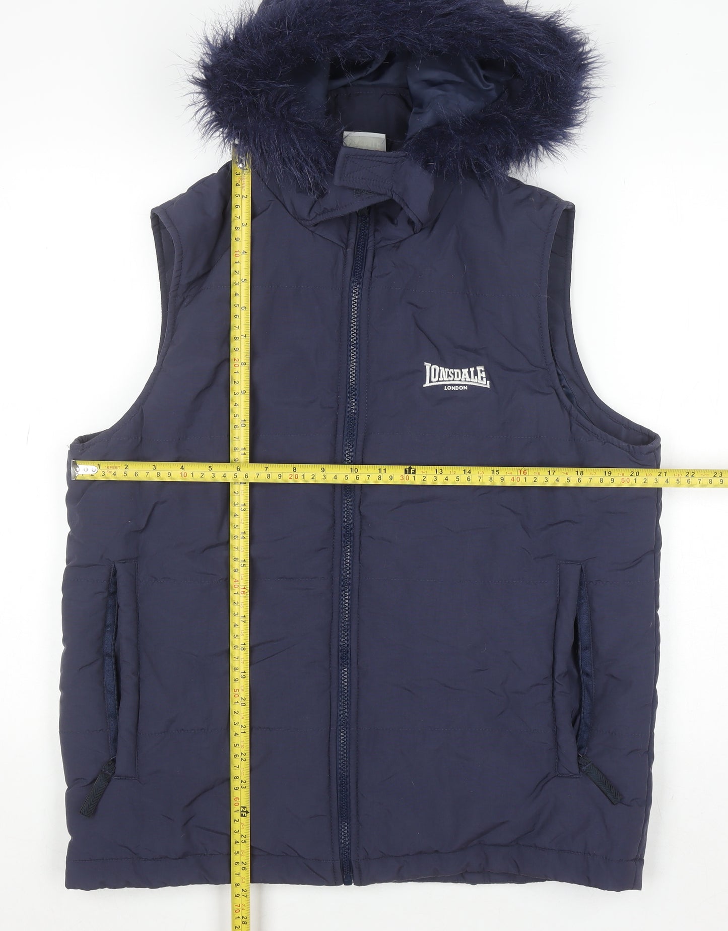 Lonsdale Men’s Blue Hooded Padded Waistcoat Size S Faux Fur Trim