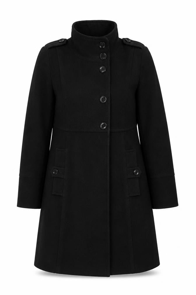 Front view of Wallis Women's Black Mid-Length Button Up Coat, size 12