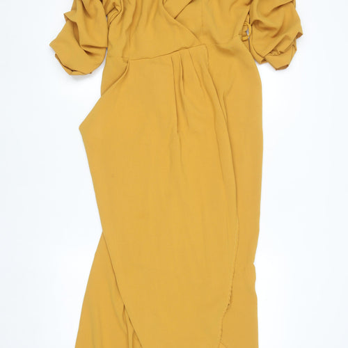 Club L London Women’s Yellow Midi Wrap Dress Size 12 Puff Sleeve V-Neck