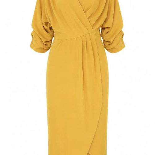 Club L London Women’s Yellow Midi Wrap Dress Size 12 Puff Sleeve V-Neck