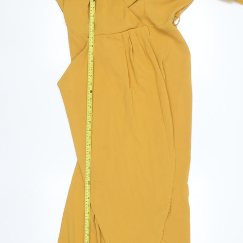 Club L London Women’s Yellow Midi Wrap Dress Size 12 Puff Sleeve V-Neck