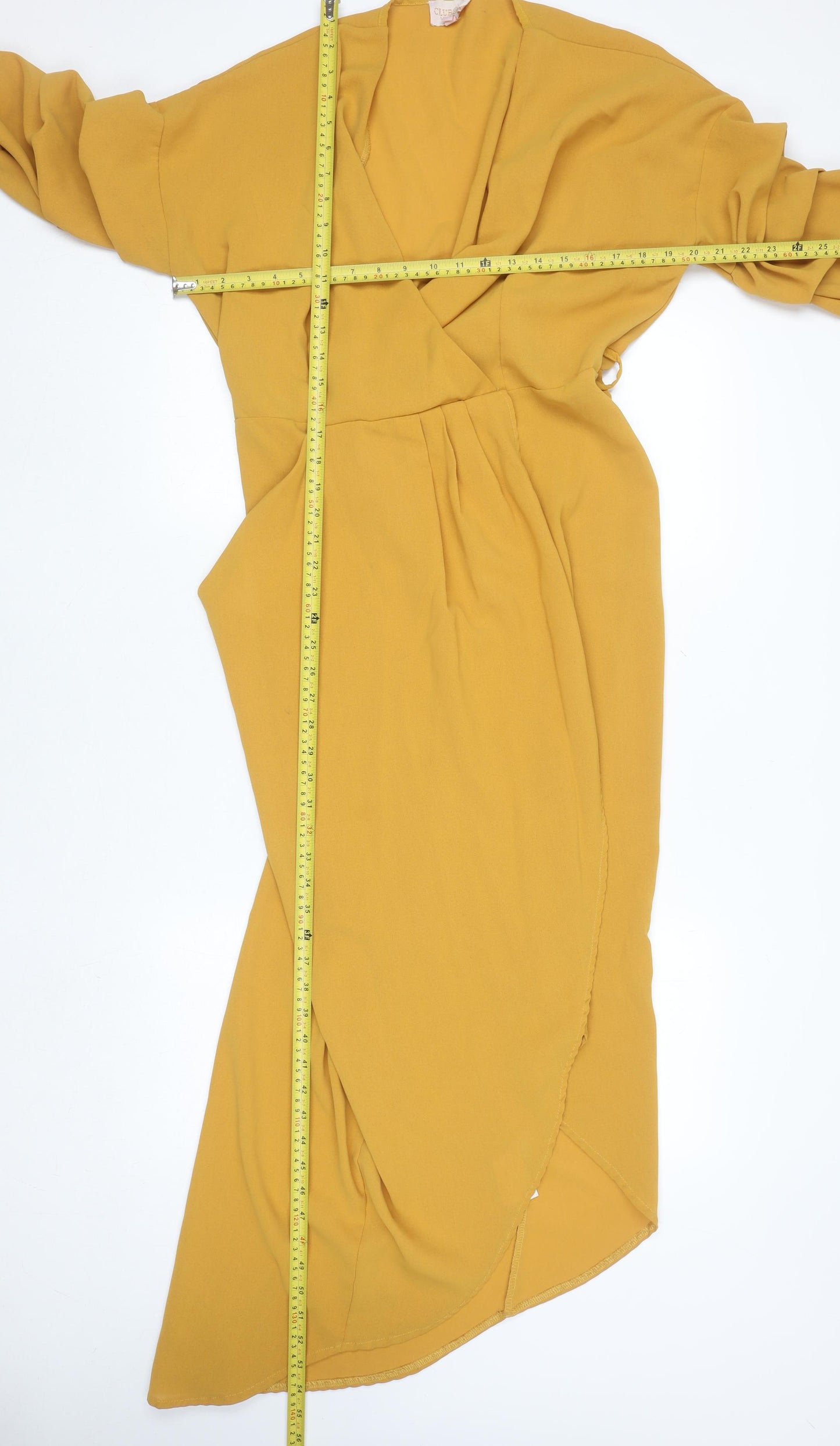Club L London Women’s Yellow Midi Wrap Dress Size 12 Puff Sleeve V-Neck