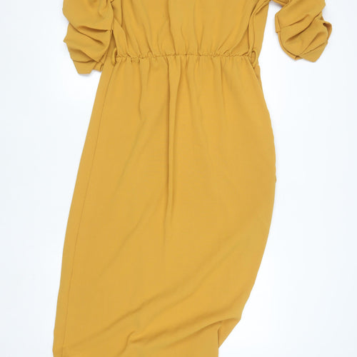 Club L London Women’s Yellow Midi Wrap Dress Size 12 Puff Sleeve V-Neck