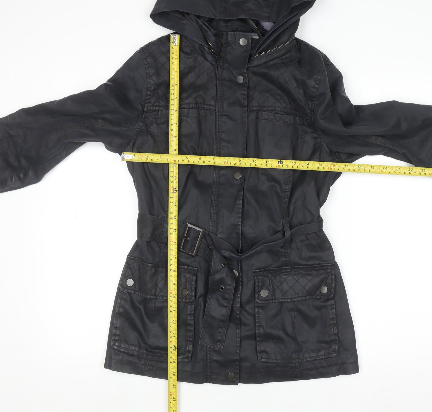 Marks and Spencer Indigo Black Hooded Belted Waxed Jacket Women Size 10