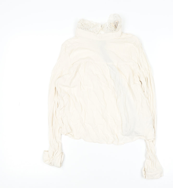 H&M Women’s Ivory Lace High Neck Long Sleeve Viscose Tunic Blouse Size 10