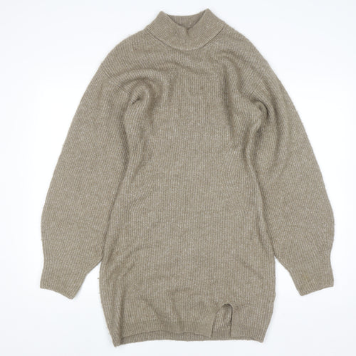 H&M Women Beige Knit Sweater Dress M Long Sleeve High Neck