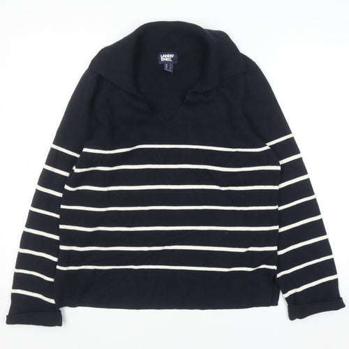 Lands' End Women's Blue Striped Cotton Collared Jumper Size S