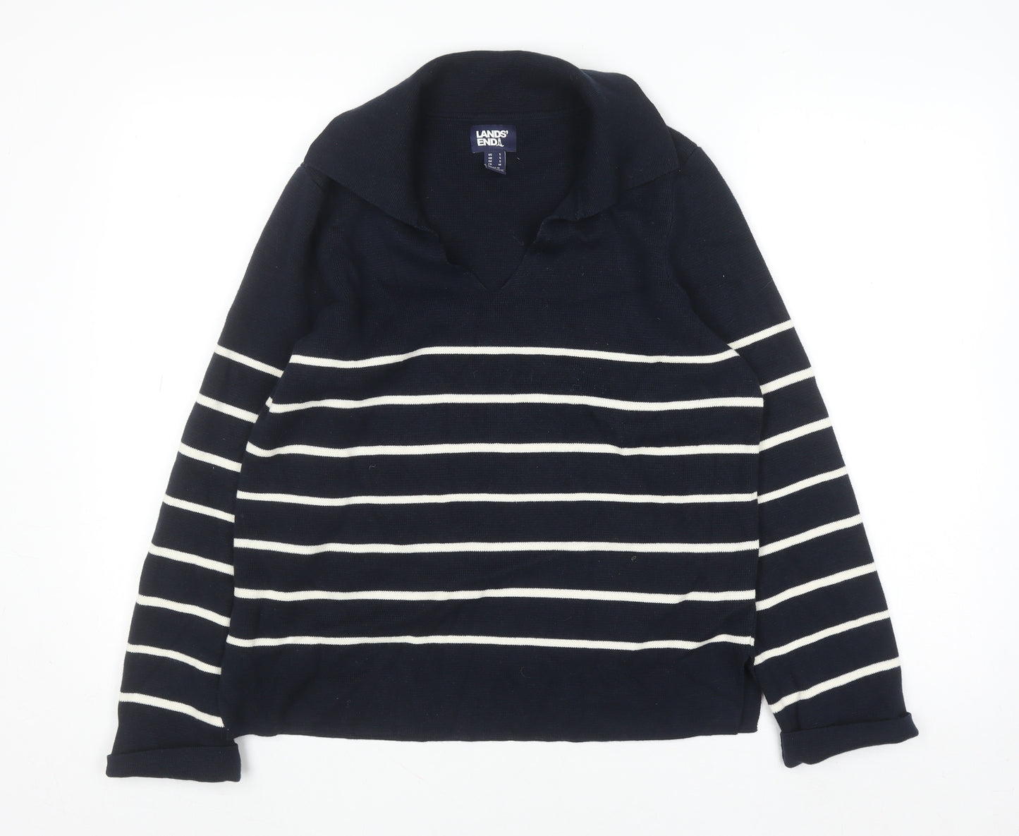 Lands' End Women's Blue Striped Cotton Collared Jumper Size S