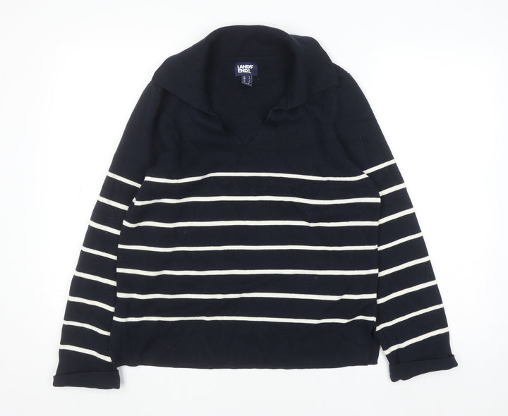Lands' End Women's Blue Striped Cotton Collared Jumper Size S