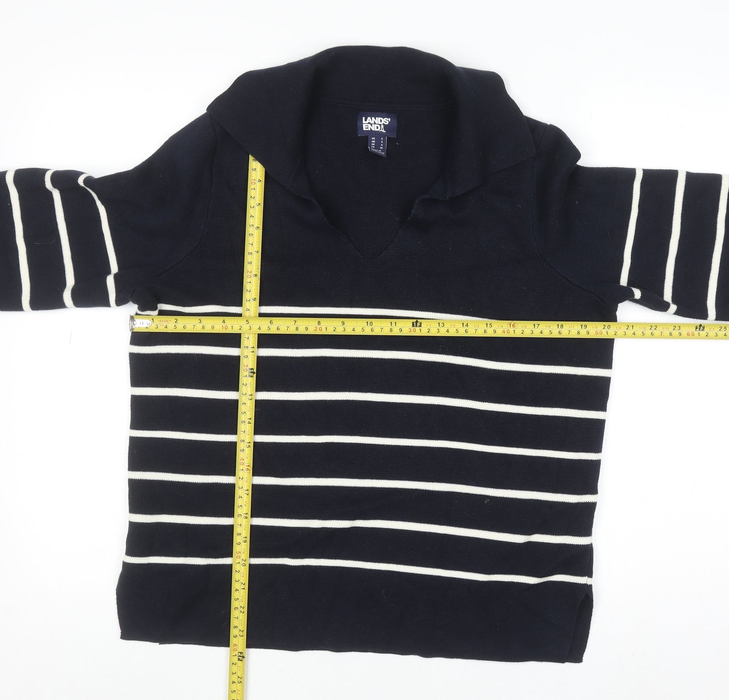 Lands' End Women's Blue Striped Cotton Collared Jumper Size S