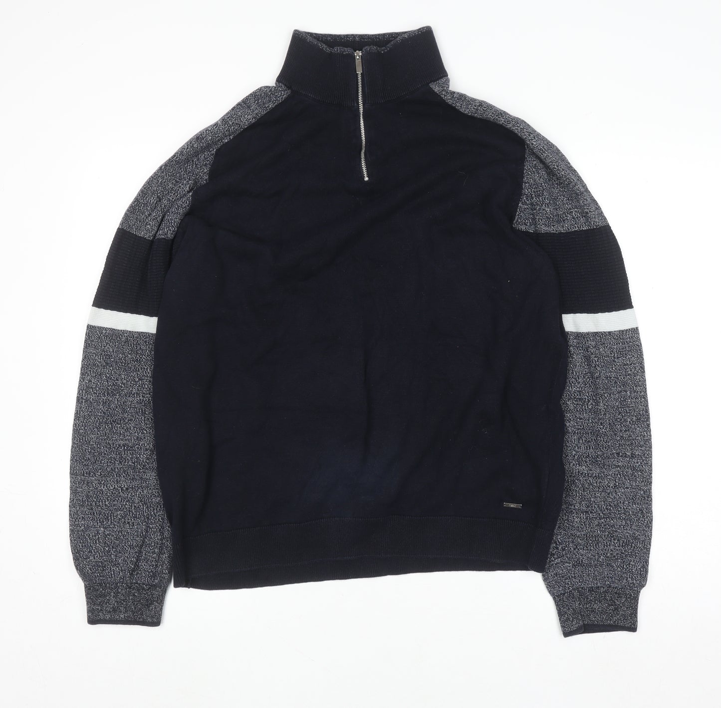 Next Men’s Blue 2XL Half Zip Cotton Jumper High Neck Knitwear