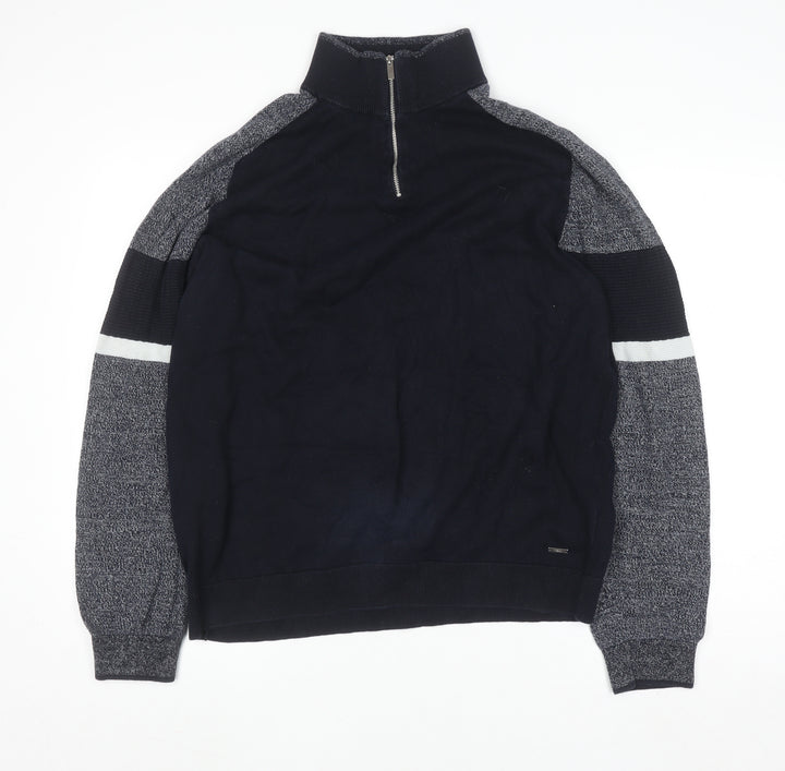 Next Men’s Blue 2XL Half Zip Cotton Jumper High Neck Knitwear