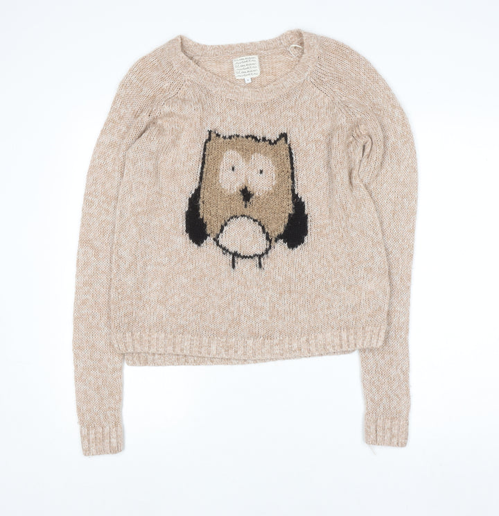 New Look Women Beige Owl Knit Pullover Jumper Size 8