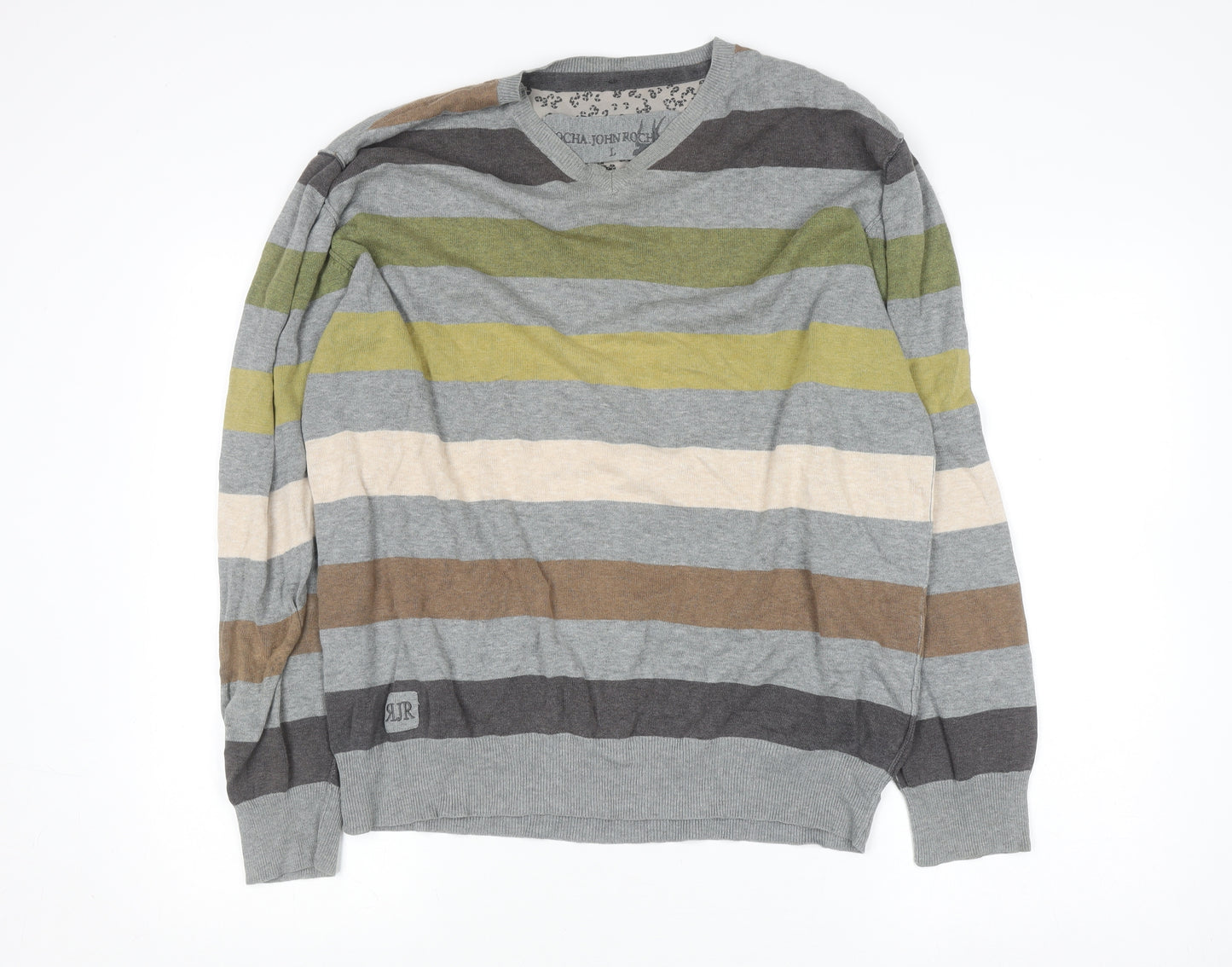 Rocha John Rocha Men’s Multicoloured Striped Cotton V-Neck Jumper Size L