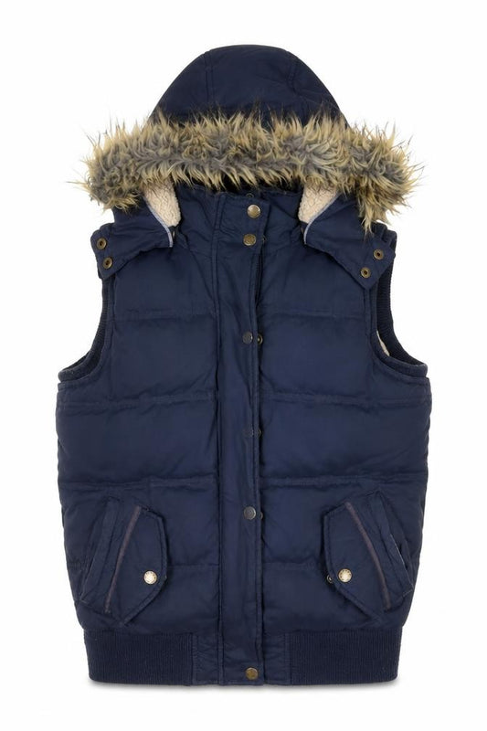 Front view of FatFace Women's Blue Hooded Puffer Waistcoat, size 8, Winter Gilet