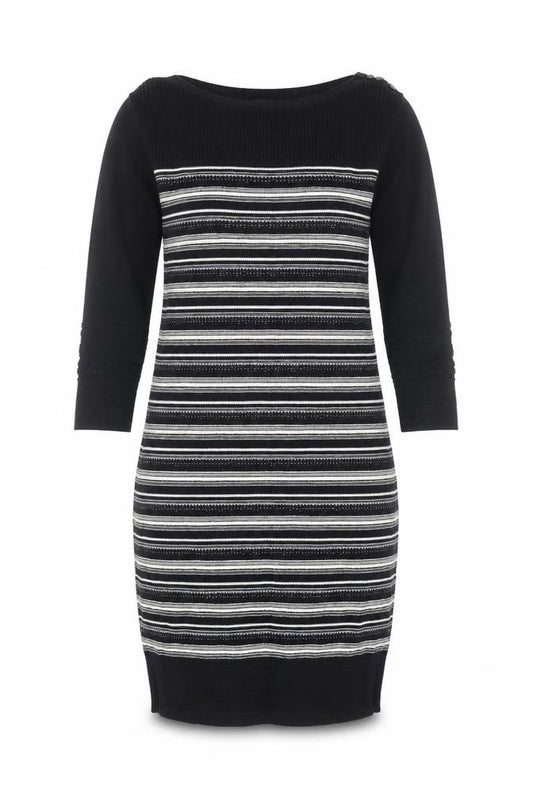 Front view of Monsoon women’s black striped cotton knit jumper dress, size UK 8
