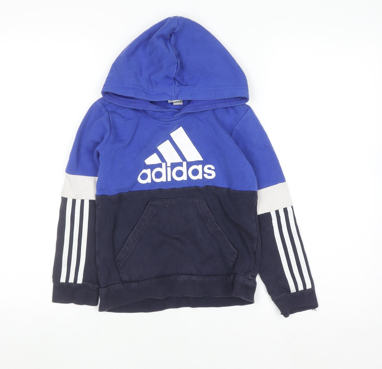 Adidas Boys Blue Colourblock Pullover Hoodie 7-8 Years Cotton Blend