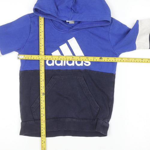 Adidas Boys Blue Colourblock Pullover Hoodie 7-8 Years Cotton Blend