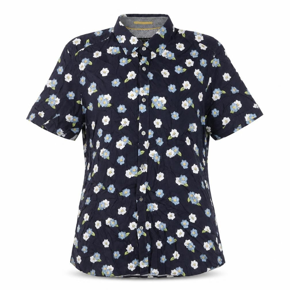 Front view of Ted Baker Women's Blue Floral Cotton Button-Up Shirt, size 14