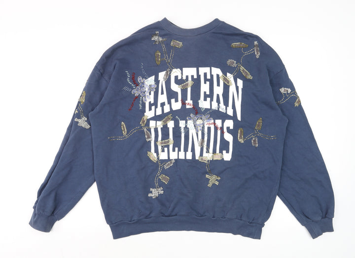 Topshop Women Navy Embellished Eastern Illinois Cotton Sweatshirt UK 10