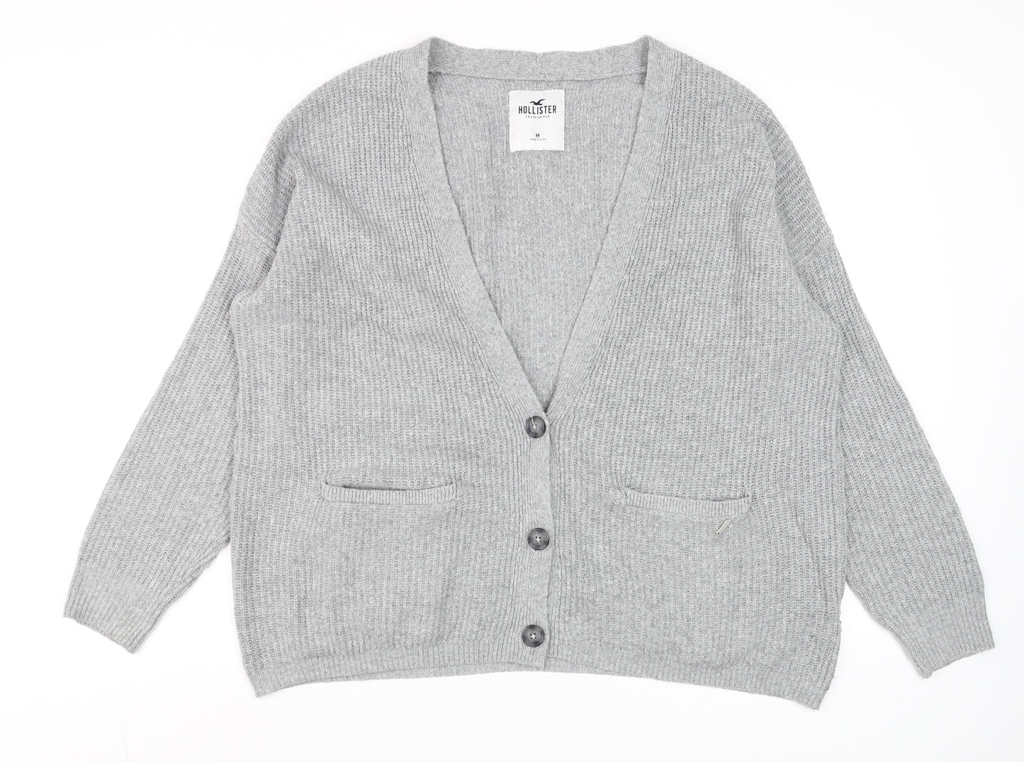 Hollister Men's Grey Chunky-Knit Cardigan M Long Sleeve Cotton Blend