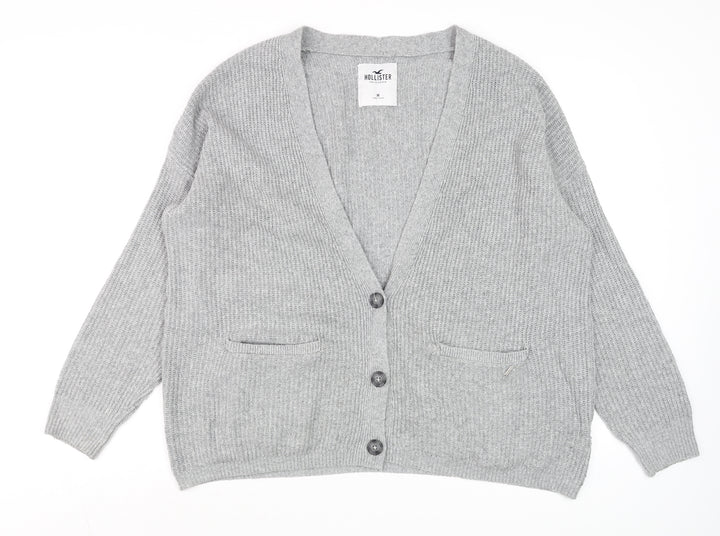 Hollister Men's Grey Chunky-Knit Cardigan M Long Sleeve Cotton Blend