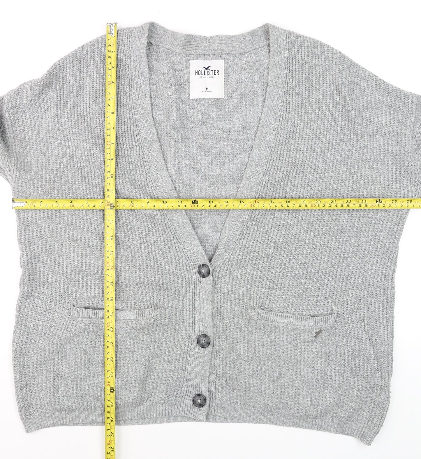 Hollister Men's Grey Chunky-Knit Cardigan M Long Sleeve Cotton Blend