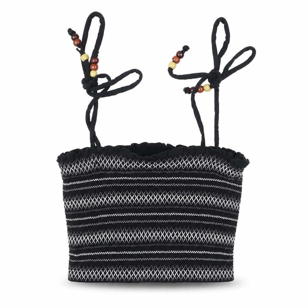 Front view of Superdry women’s black cropped beaded strappy tank top, size UK 6