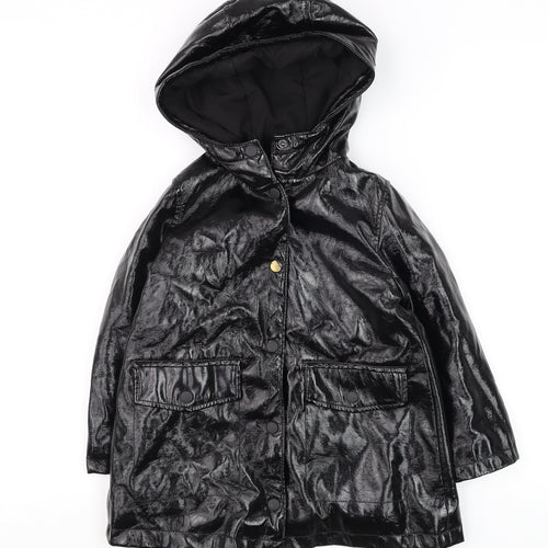 Zara Girls Black Hooded Rain Coat 6 Years Water Resistant Mid-Length Jacket