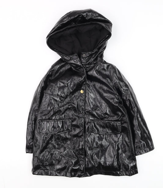 Zara Girls Black Hooded Rain Coat 6 Years Water Resistant Mid-Length Jacket