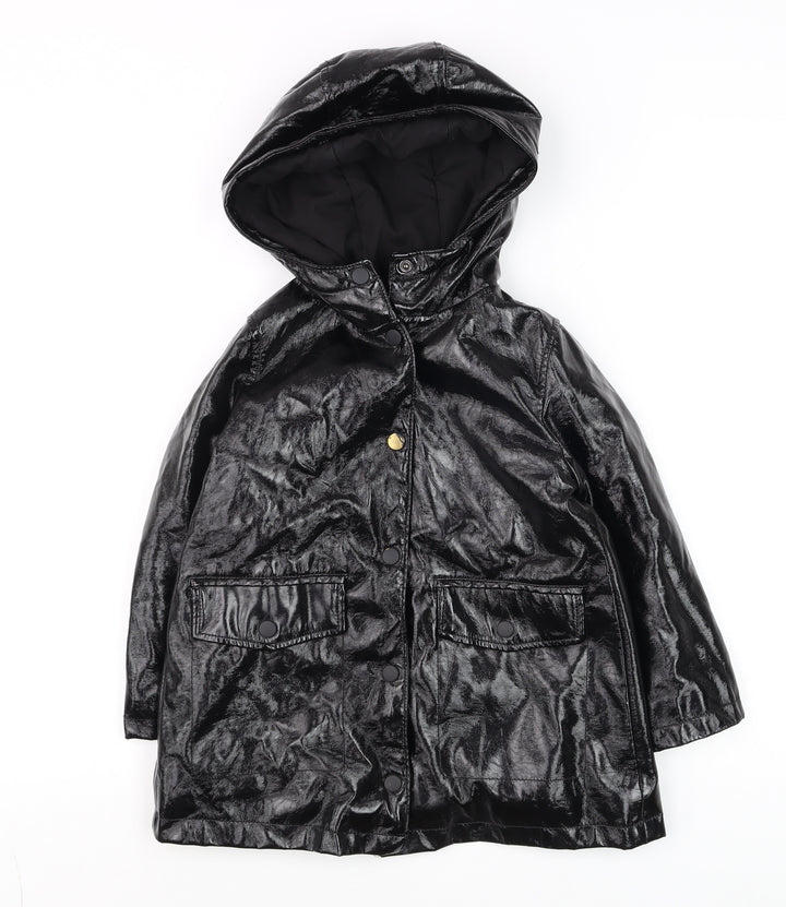 Zara Girls Black Hooded Rain Coat 6 Years Water Resistant Mid-Length Jacket