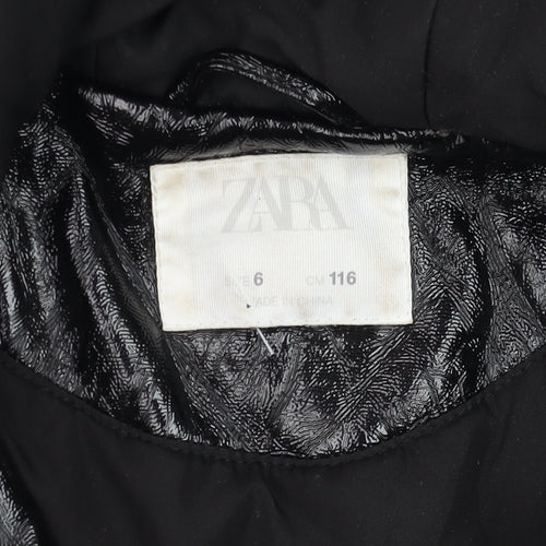 Zara Girls Black Hooded Rain Coat 6 Years Water Resistant Mid-Length Jacket