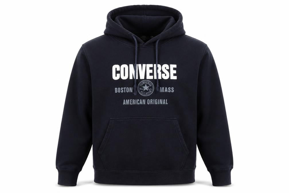 Front view of Converse Men Blue Pullover Hoodie S Fleece Logo