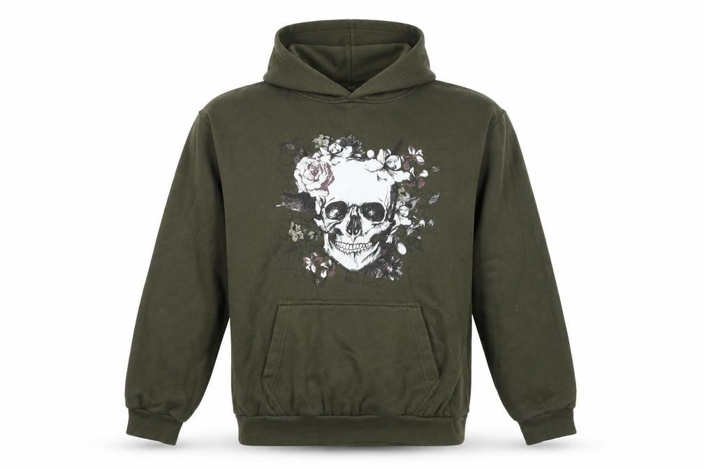 Front view of AX Paris unisex green skull floral pullover hoodie m regular fit