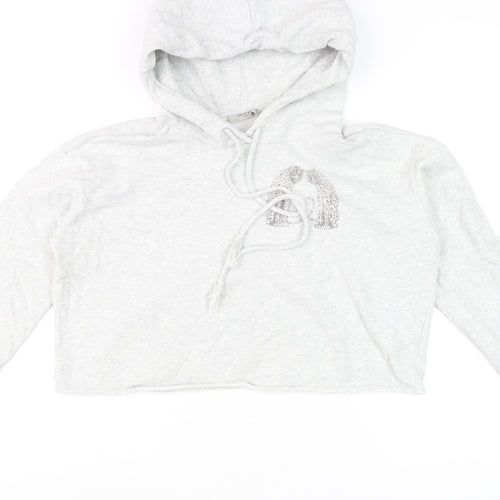 AllSaints Women’s Grey Cropped Hoodie Medium Cotton Drawstring Long Sleeve