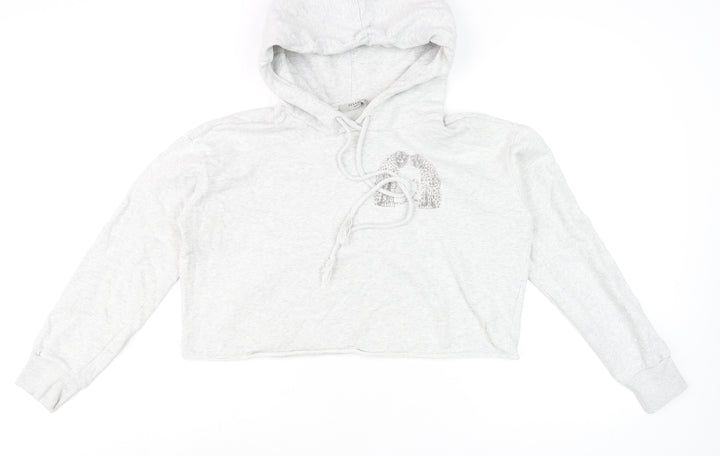 AllSaints Women’s Grey Cropped Hoodie Medium Cotton Drawstring Long Sleeve