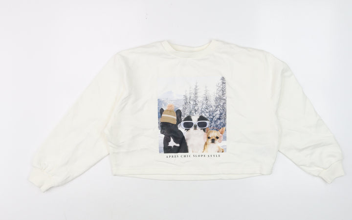 Marks and Spencer Girls Ivory Dog Print Pullover Sweatshirt 10-11 Years