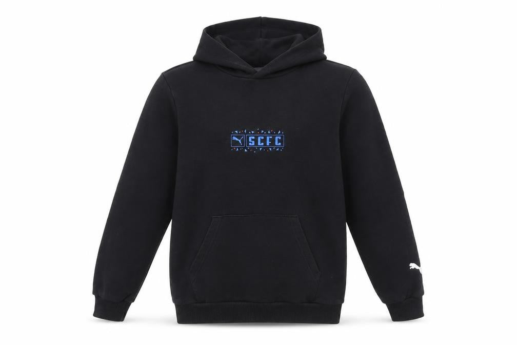 Front view of Puma boys’ black 11-12 years pullover hoodie gcfc logo cotton blend