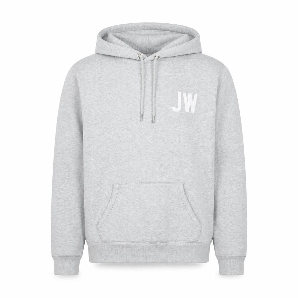 Front view of Jack Wills men’s grey pullover hoodie m logo print fleece sweatshirt