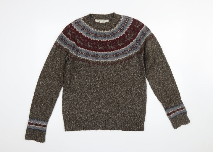 Topman Men's Brown Fair Isle Knit Crew Neck Jumper Size S